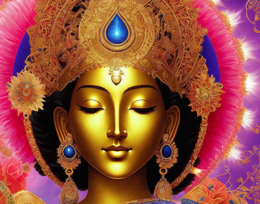 Colorful Artwork of Deity with Golden Face and Third Eye
