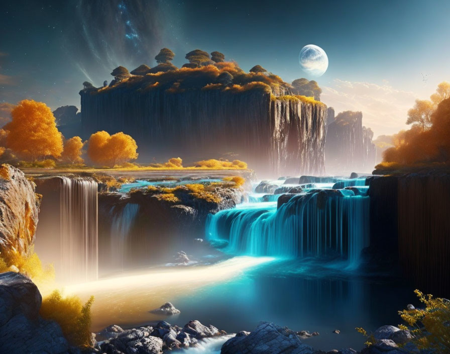 Fantastical landscape with towering plateau, waterfalls, autumn trees, twilight sky, large moon