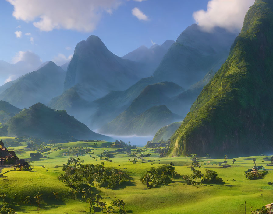 Scenic green valley with hills, river, and mountains under blue sky