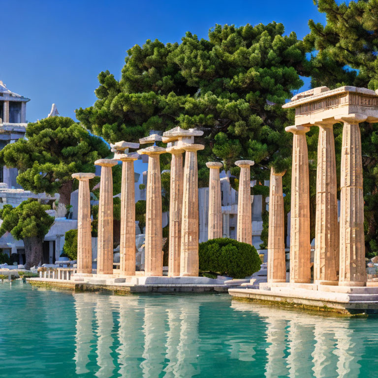 Ancient Greek-style pillars and ruins near reflective blue water, surrounded by lush green trees and clear blue