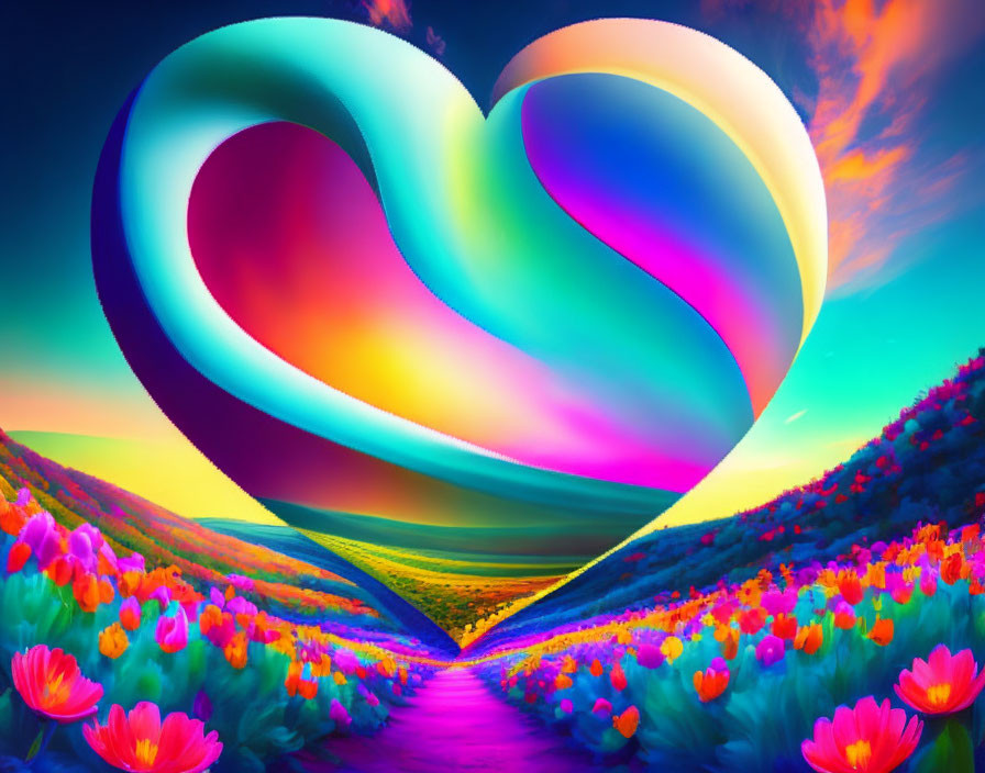 Colorful Heart-Shaped Structure in Sunset Flower Field