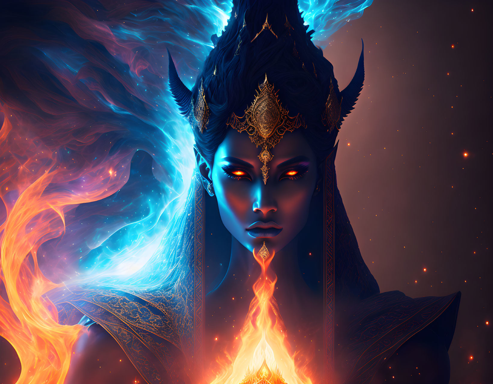 Blue-skinned mystical figure with golden headpiece engulfed in blue flames on starry backdrop