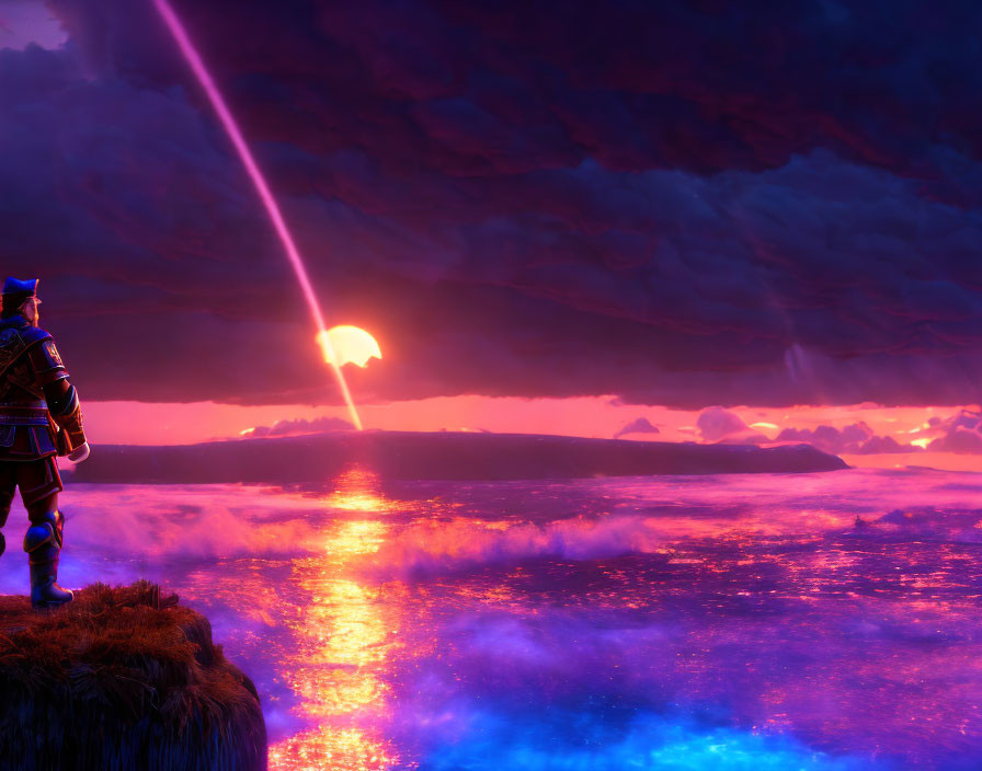 Figure in traditional armor gazes at dramatic ocean sunset with purple sky and descending light beam