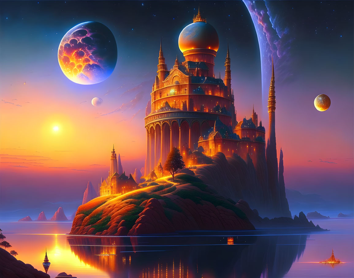 Fantastical castle on island with multiple moons, sunset sky, cosmic backdrop & comet tail