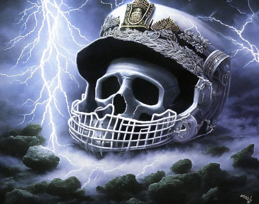 Skull in Military Helmet Emerges from Stormy Sky