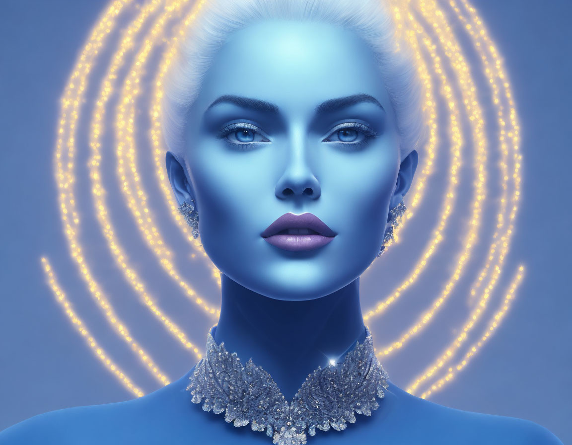 Blue-skinned woman with platinum blonde hair in digital art portrait.
