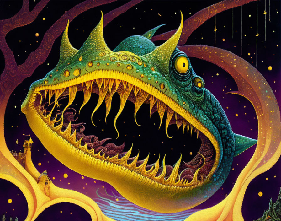 Colorful surreal illustration: monstrous fish in cosmic setting