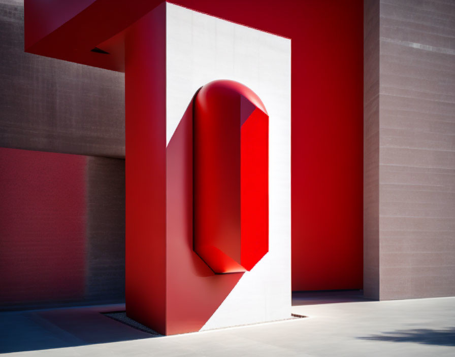 Vibrant red architectural design with geometric shapes and dramatic shadows