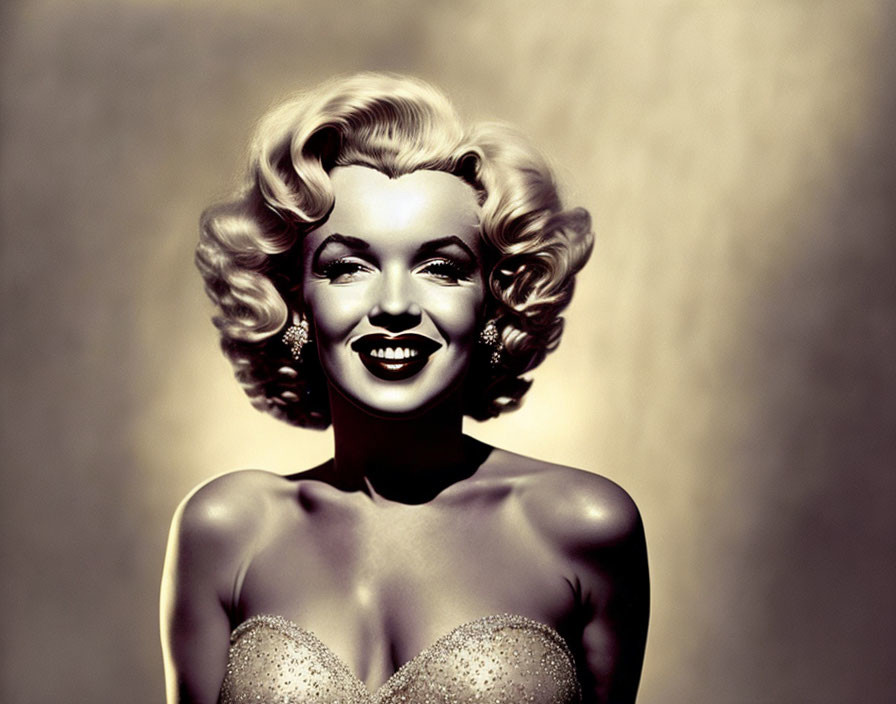 Smiling woman with blonde curly hair in vintage Hollywood glamour portrait