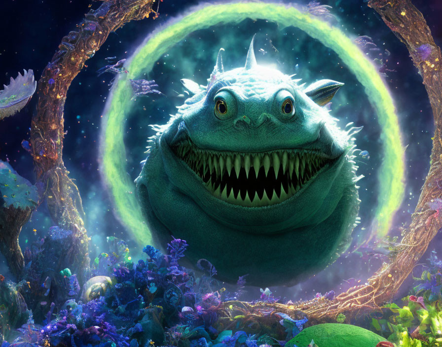 Colorful Animated Creature Surrounded by Alien Flora and Glowing Ring Structure