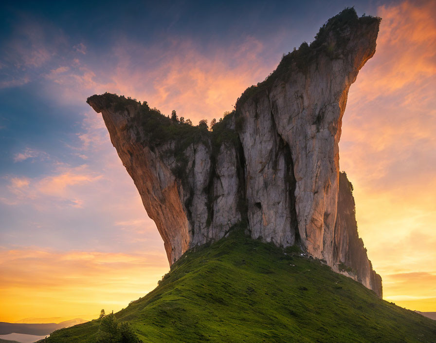 Towering cliff against vibrant sunset sky above green hill