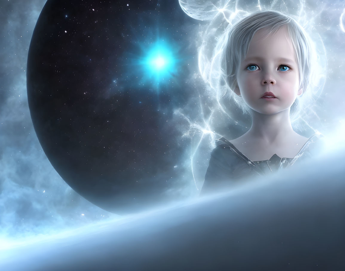 Child with thoughtful expression in cosmic setting with planet, star, and nebula