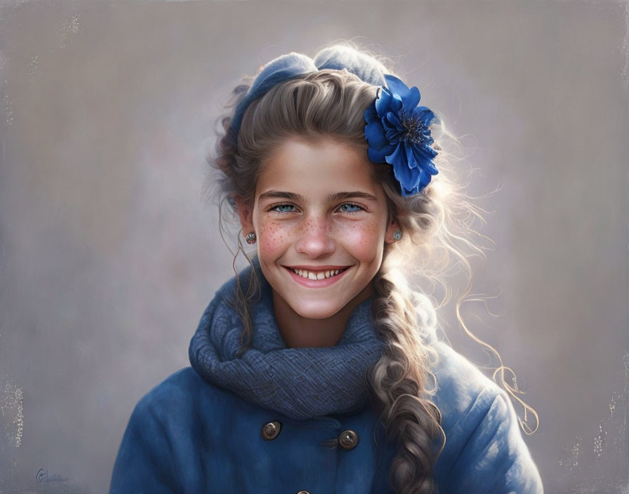 Young girl with braided hair and blue flower accessory smiles in blue jacket