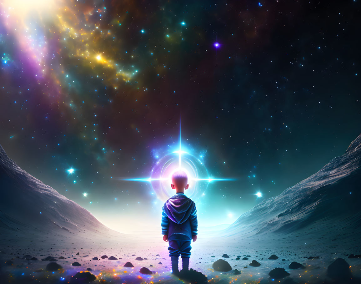 Child between two hills on foreign planet under cosmic skyline