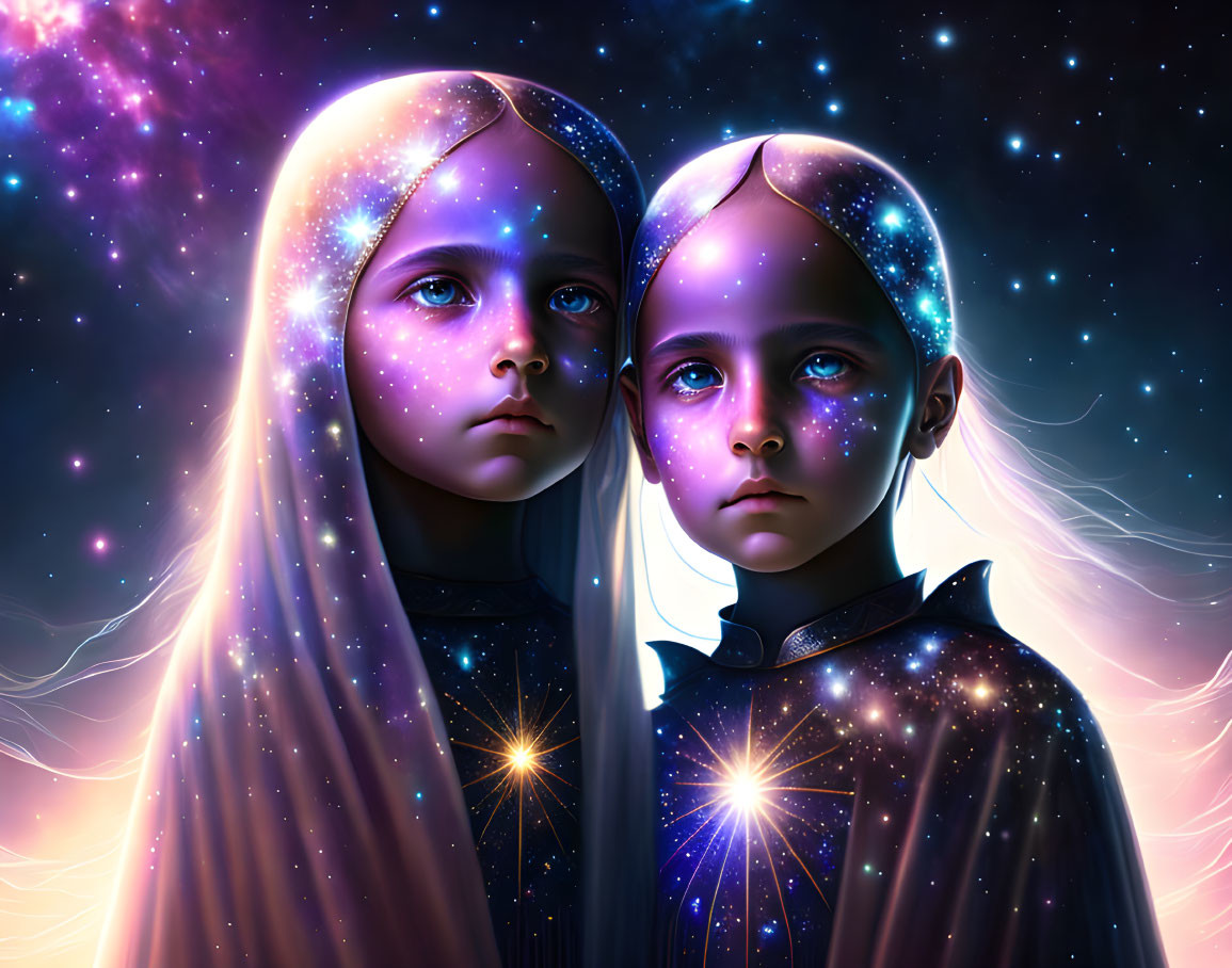 Children with cosmic features in digital art