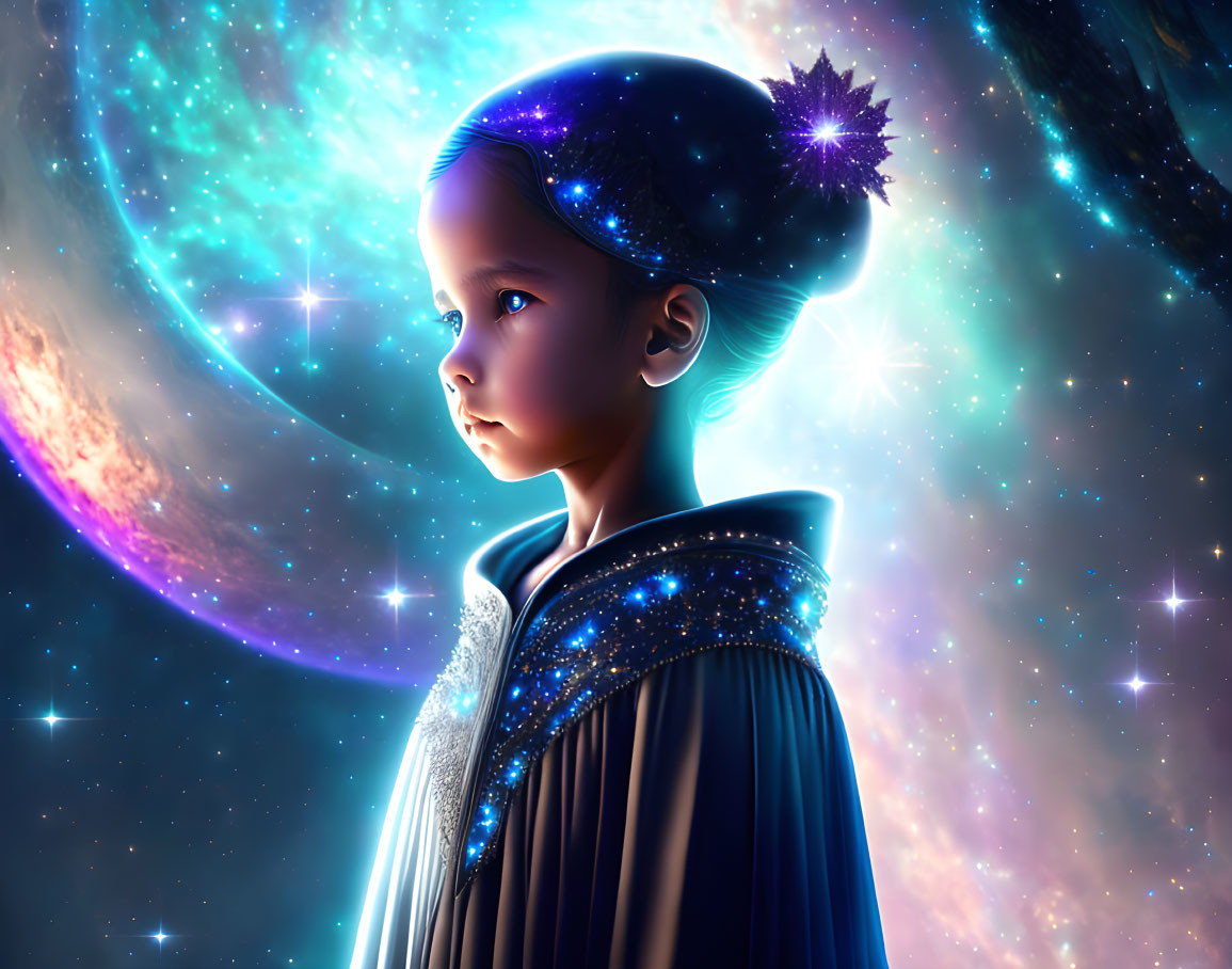 Child with cosmic features in digital artwork surrounded by stars and nebulae