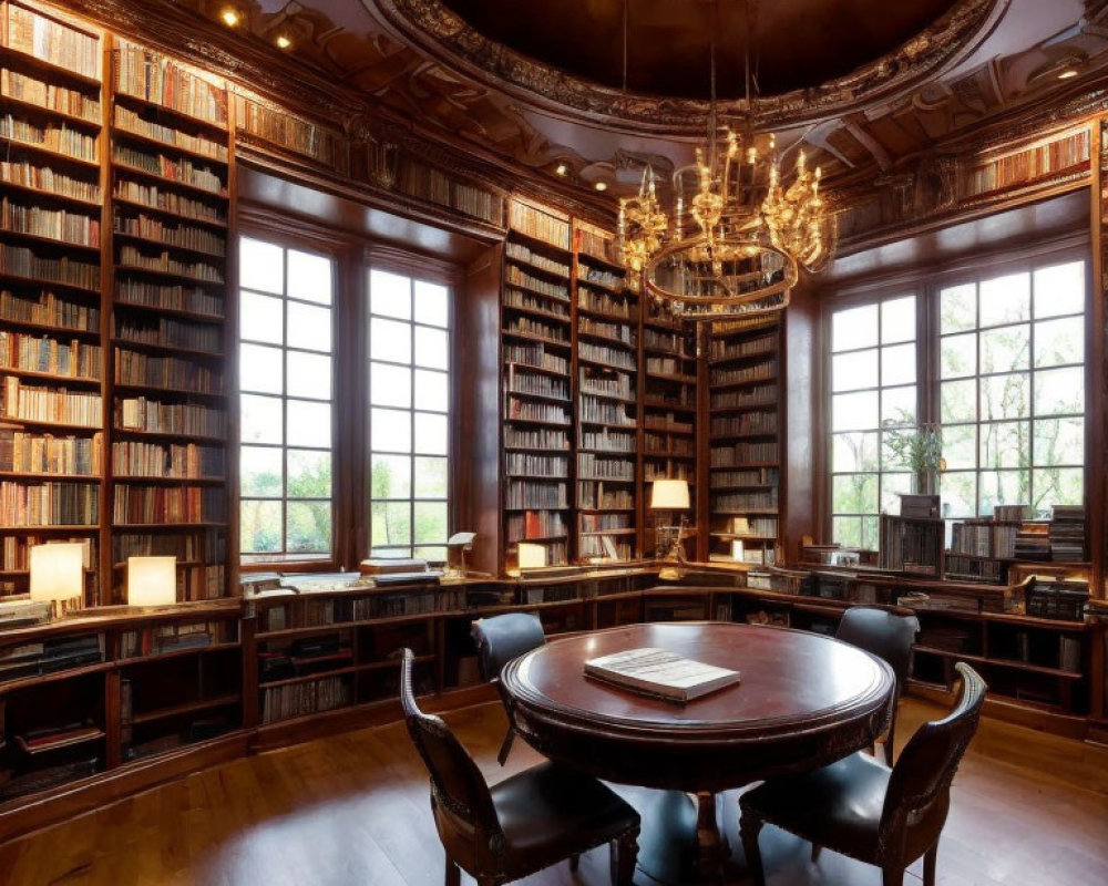 Sophisticated library room with bookshelves, central table, chandelier, and tall windows