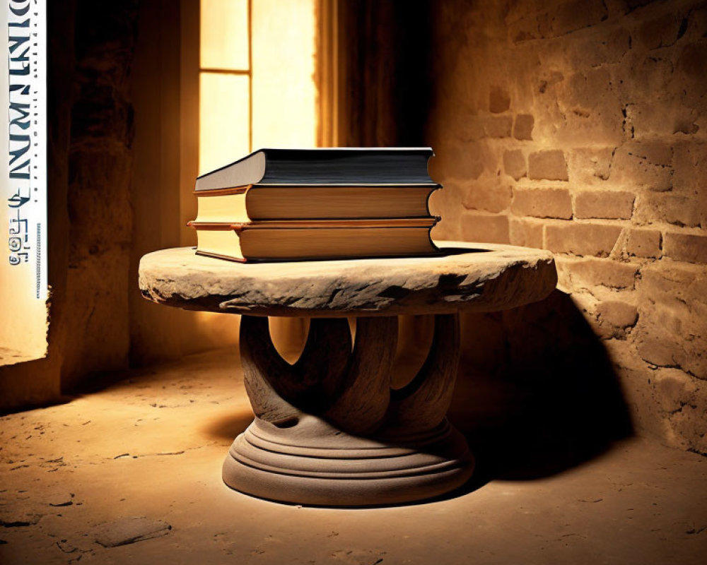 Hardcover Books Stack on Round Stone Table in Warmly Lit Room