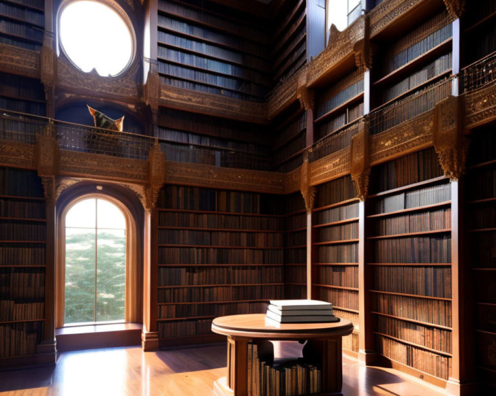 Spacious Two-Story Library with Arched Windows and Wooden Bookshelves