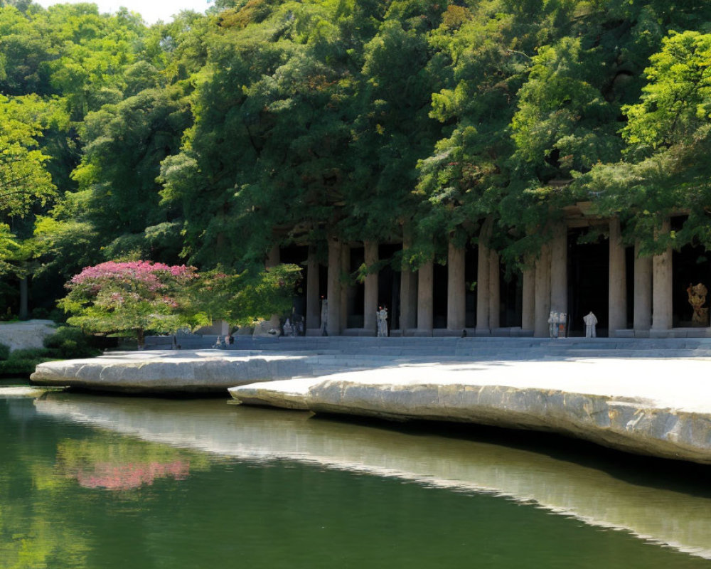 Tranquil lake, classical structure, lush park with blooming flowers