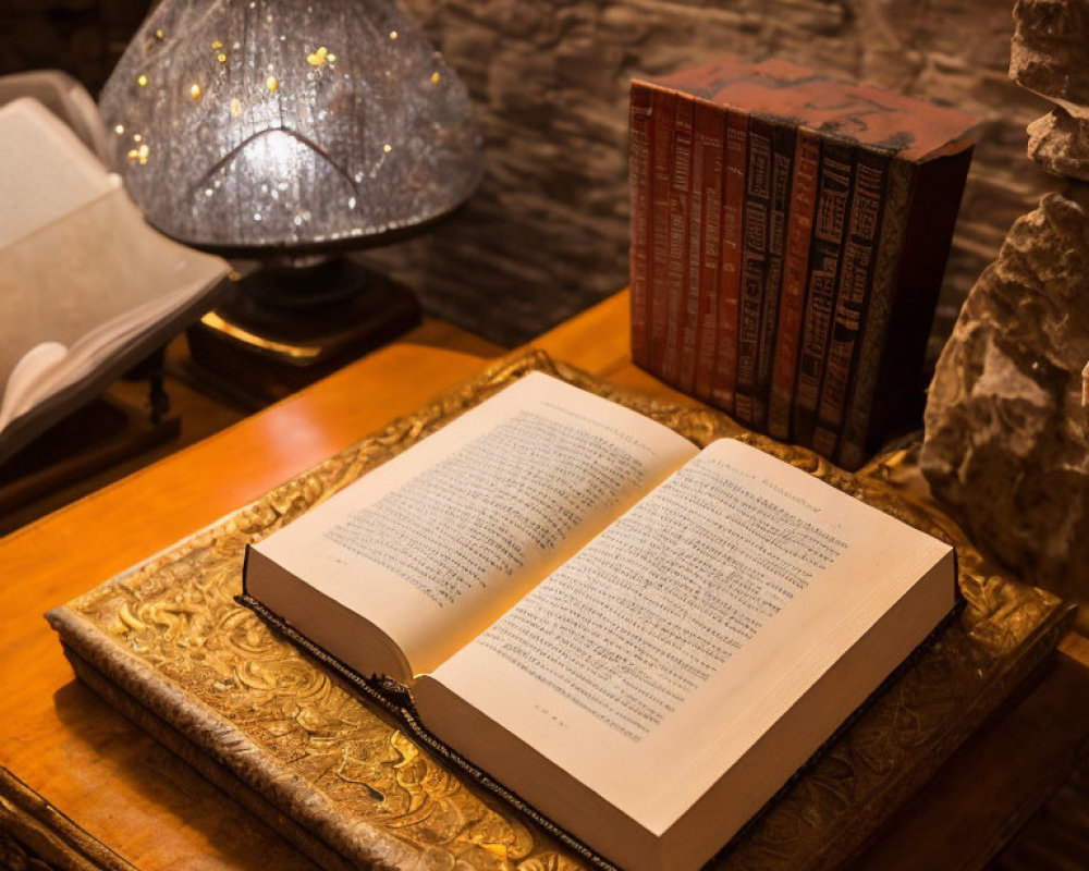 Open book on ornate table with lamp and hardcover books against stone wall