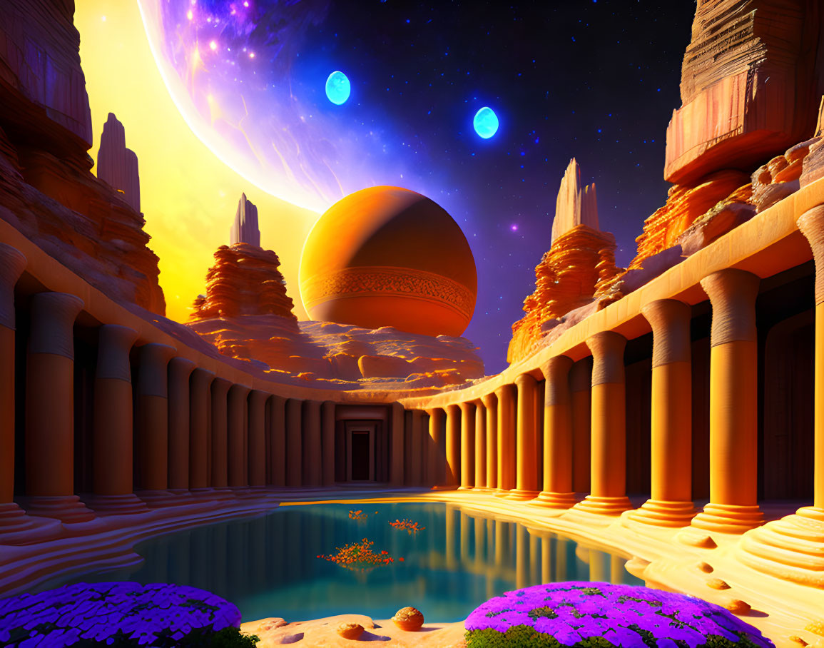 Imaginative landscape with starry sky, two moons, ancient columns, reflective pool, and