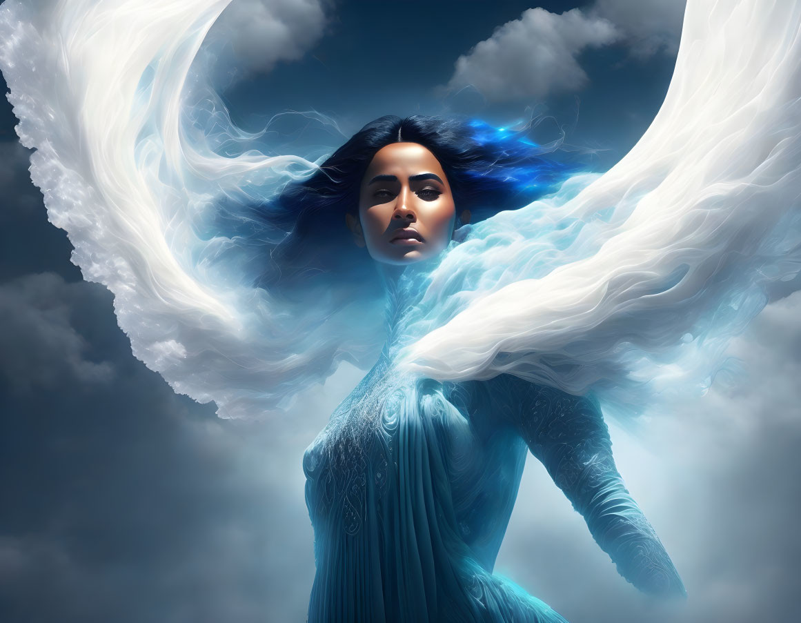 Surreal image of woman with flowing blue hair and dress against dramatic cloudy sky