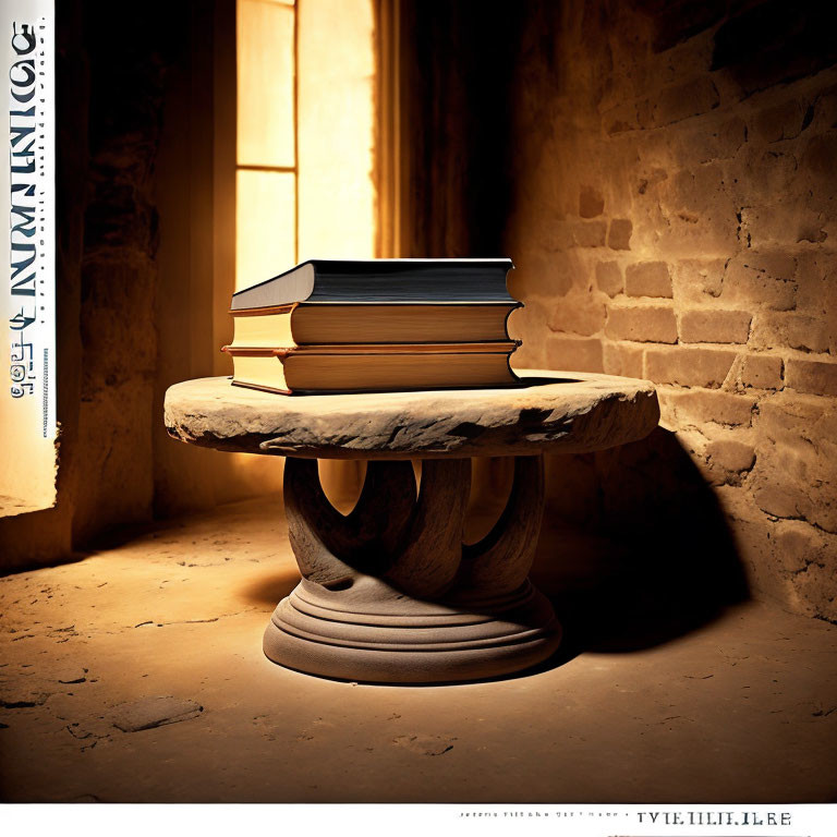 Hardcover Books Stack on Round Stone Table in Warmly Lit Room