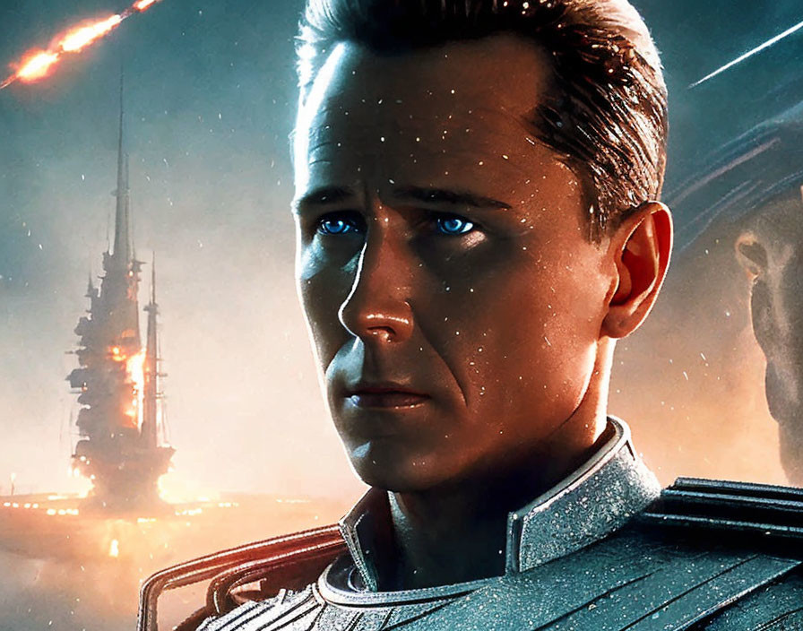 Serious man in futuristic military uniform with city skyline and spacecraft.