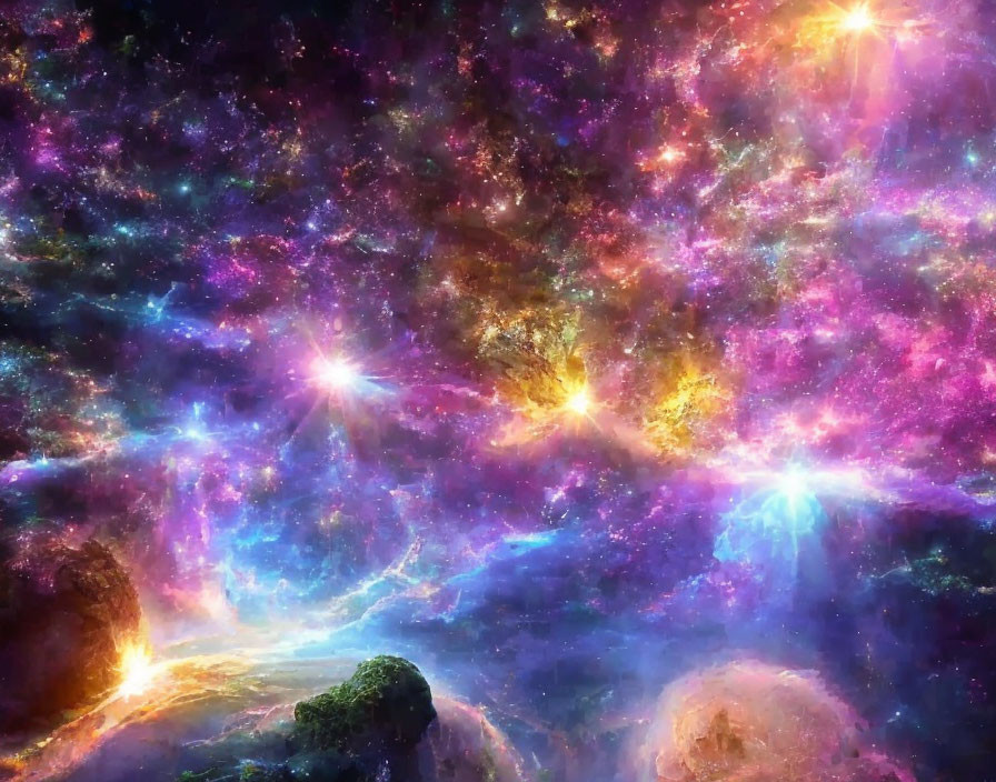 Colorful Swirling Nebulas and Celestial Bodies in Cosmic Scene