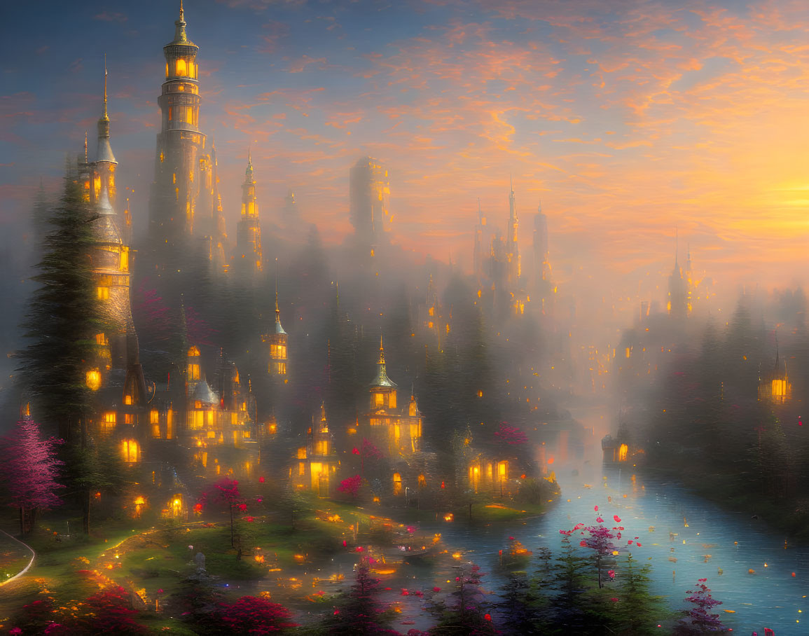 Mystical forest castle at sunrise with glowing windows and serene river