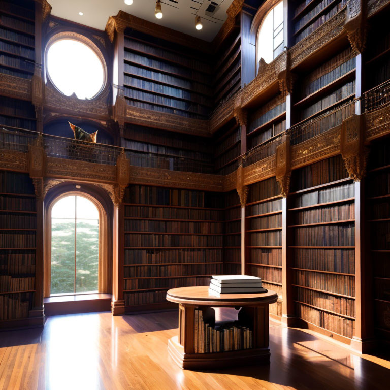 Spacious Two-Story Library with Arched Windows and Wooden Bookshelves