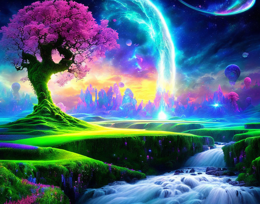 Colorful Fantasy Landscape with Waterfall, Cherry Blossom Tree, Nebulas, and Floating Islands