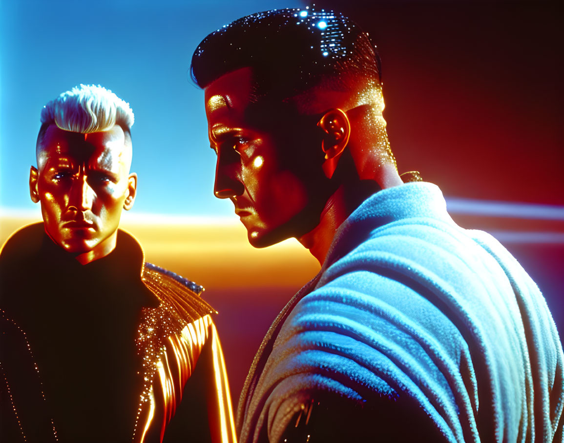 Futuristic male figures with digital skin textures against vibrant sunset gradient