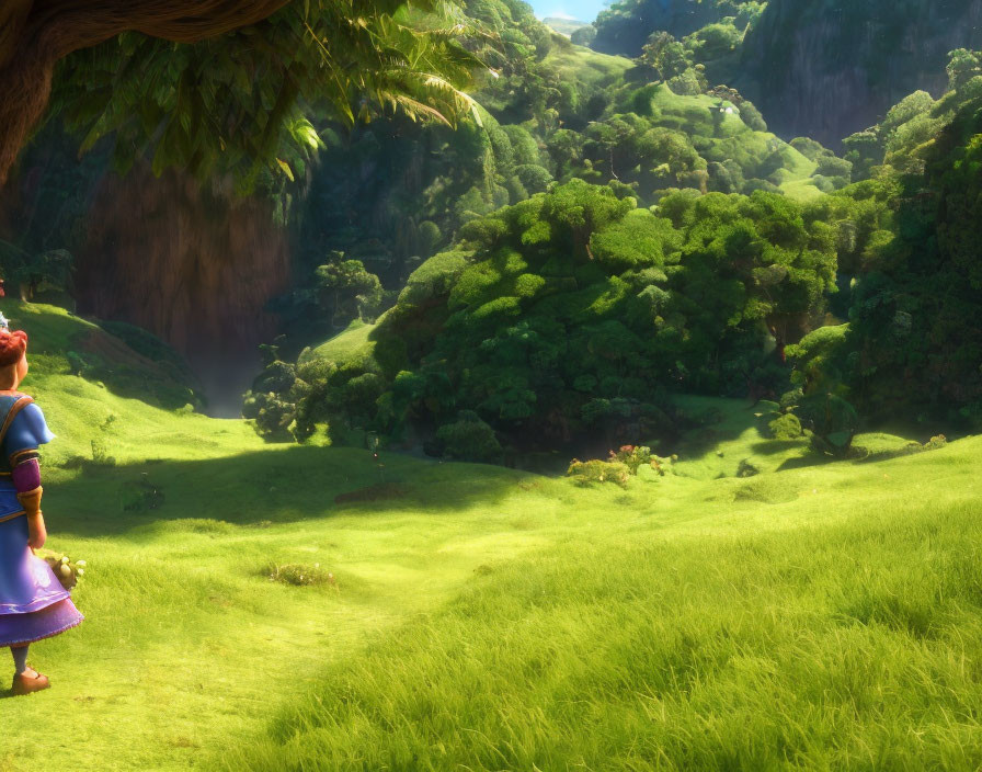 Animated character in purple dress on grass with lush valley view.