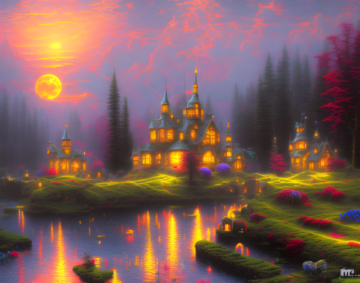 Enchanting sunset scene with glowing castle, trees, river, lantern-lit sky