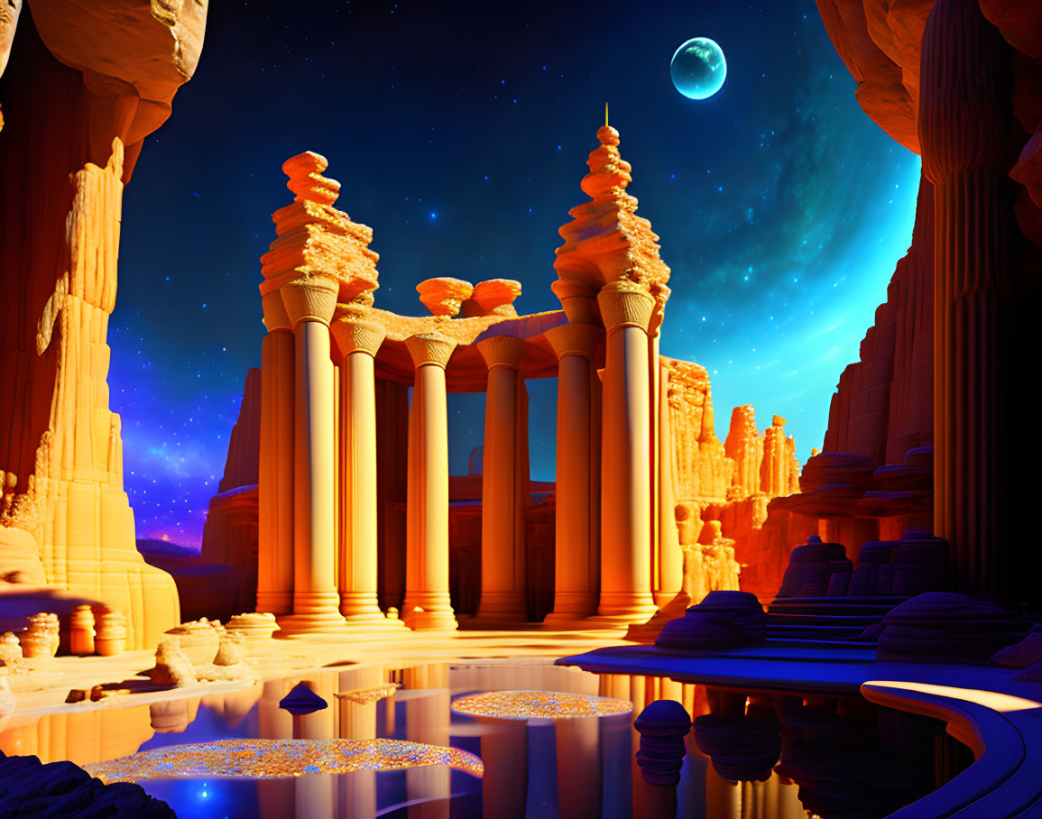 Otherworldly Scene: Towering Rock Formations, Roman-Style Columns, Starry Sky,