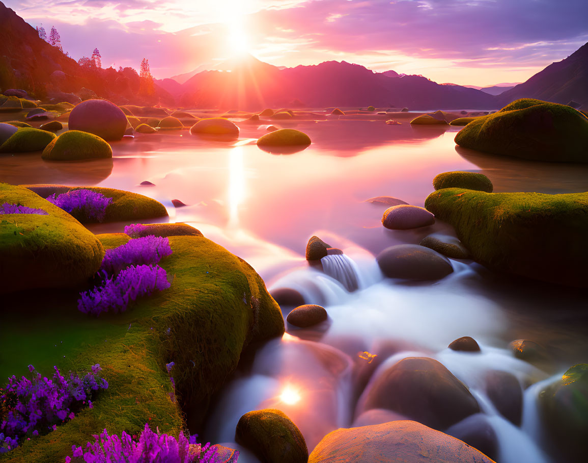 Tranquil river at sunset with moss-covered rocks, colorful sky, mountains, and purple flowers