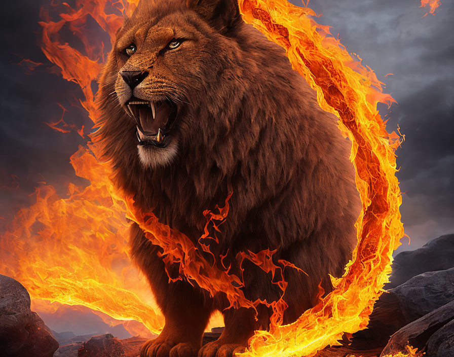 Majestic lion with fiery mane in flames on rocks