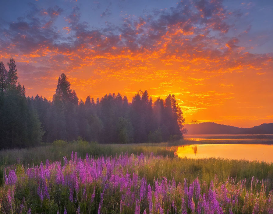 Vibrant pink and orange sunset over tranquil lake and forest landscape