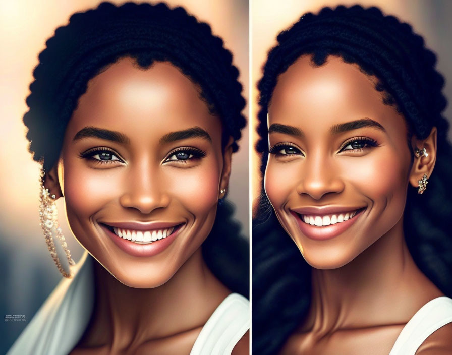 Double-faced woman illustration with braided hair and earrings in white top
