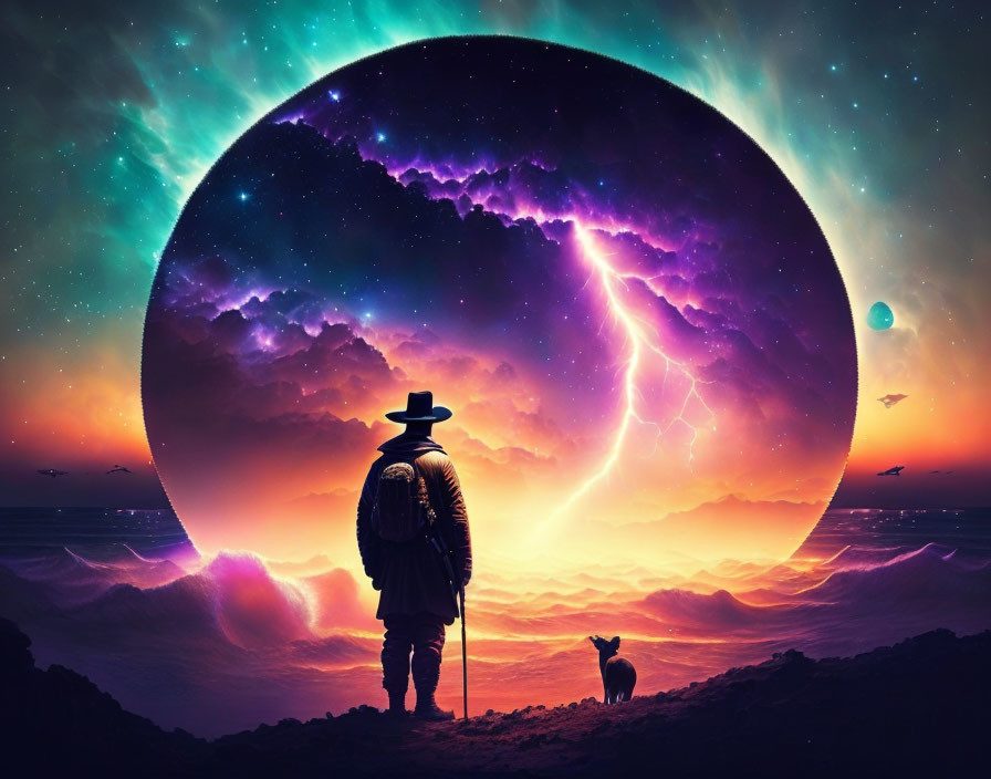 Traveler with staff and dog in cosmic landscape with nebulae, lightning, and oversized moon.