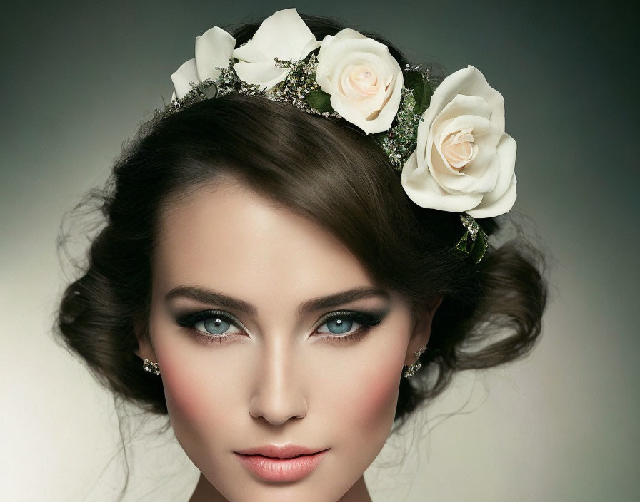 Woman with white rose floral headpiece and striking blue eyes on grey background
