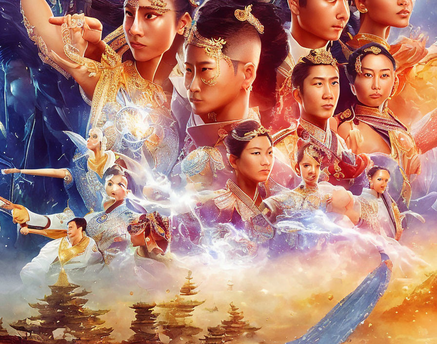 Fantasy-themed poster with multiple warrior characters in elaborate costumes