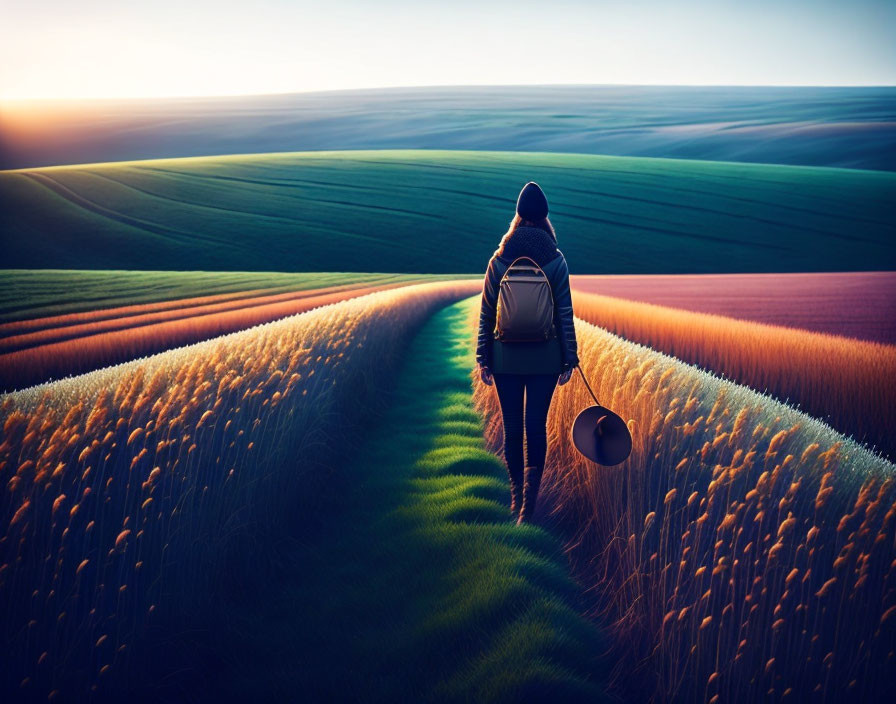 Backpacker on Colorful Crop Path at Sunset