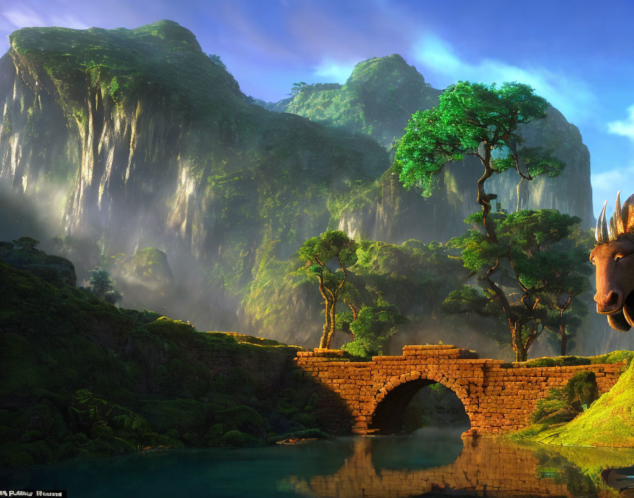 Tranquil landscape with waterfall, stone bridge, and dragon head