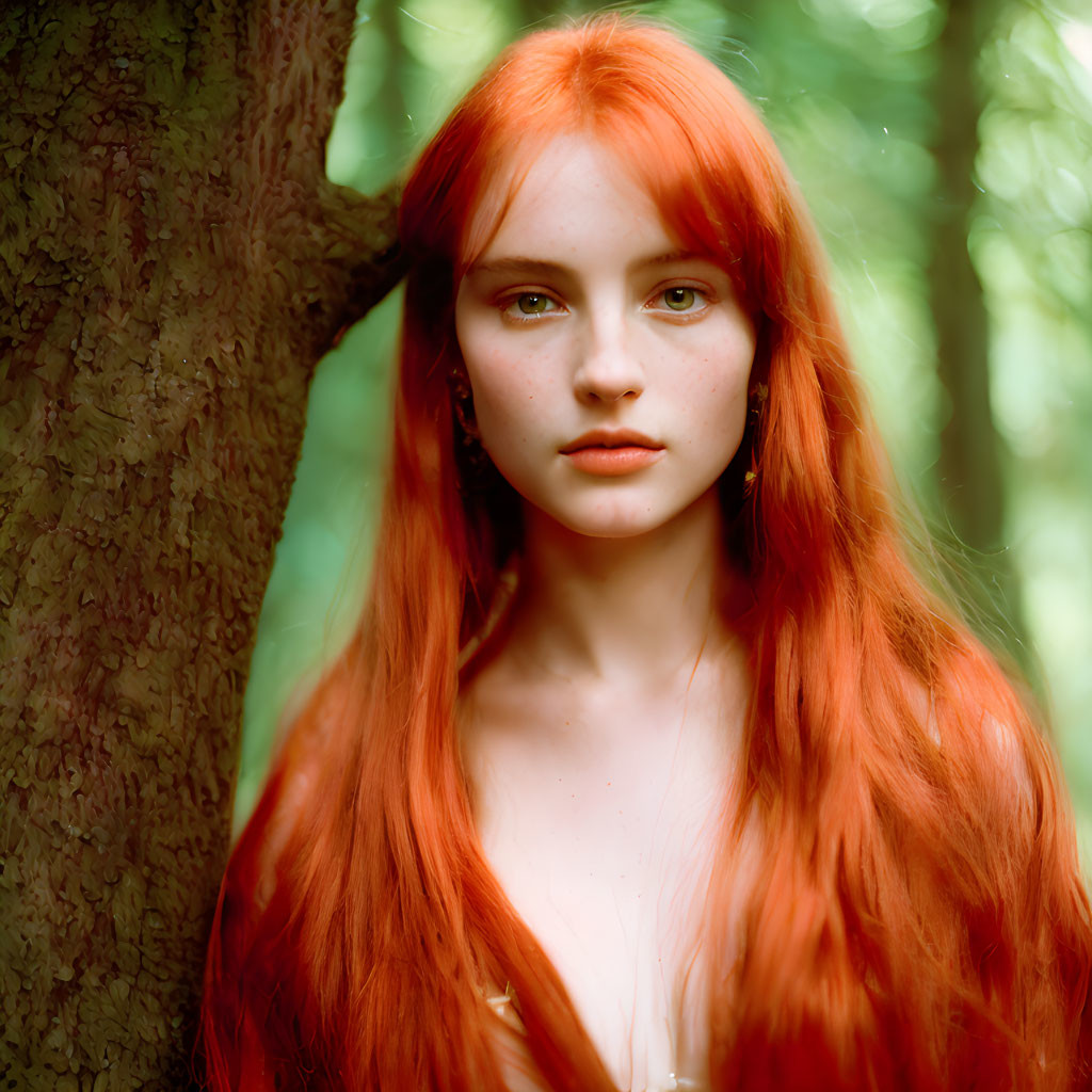 Red-haired woman with freckles by tree in forest