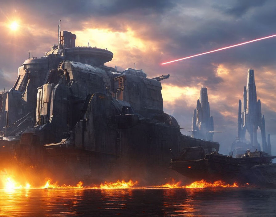 Futuristic sci-fi scene: battleship on fiery ocean with city skyline.