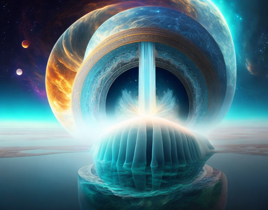 Surreal cosmic scene with futuristic gateway and celestial bodies