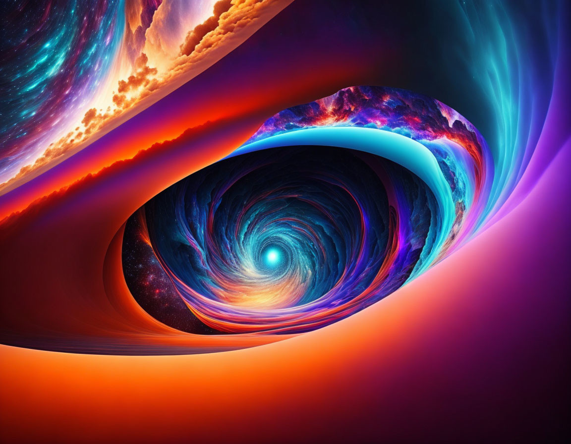 Abstract cosmic illustration: Vibrant swirls in blue, purple, and orange on starry backdrop